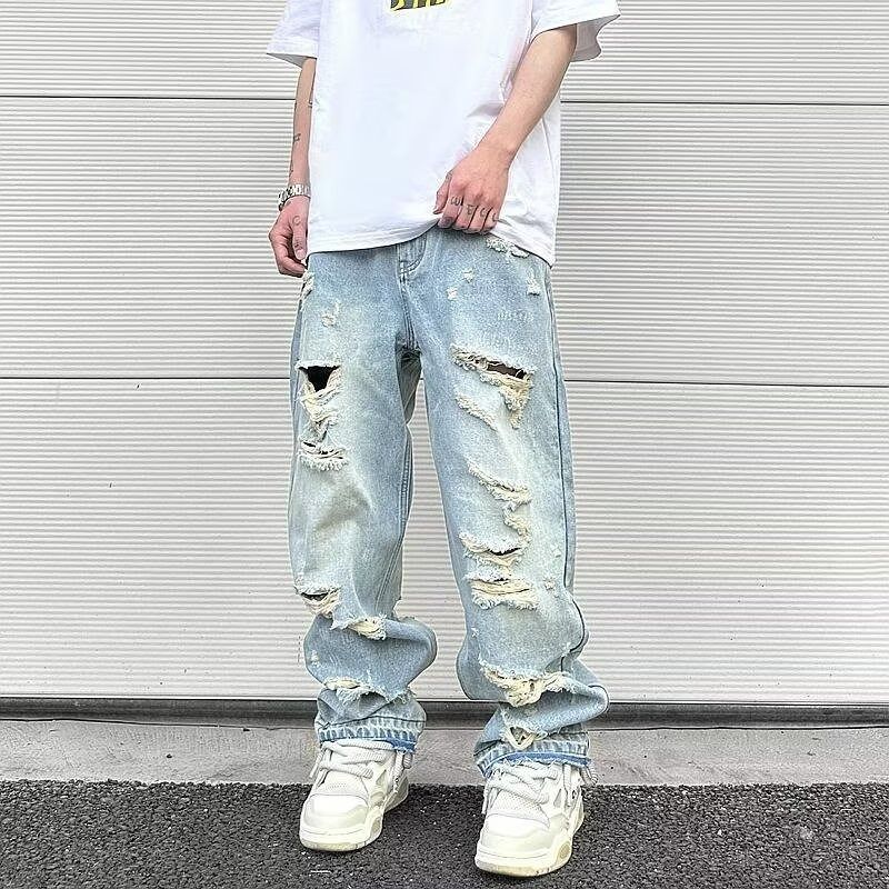 Men's Clothing High Street Hip Hop Vibe Washed Blue Ripped Cat Whisker Street Summer Straight Pants Loose Men's Jeans_viptrois.com