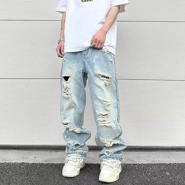 Men's Clothing High Street Hip Hop Vibe Washed Blue Ripped Cat Whisker Street Summer Straight Pants Loose Men's Jeans_viptrois.com