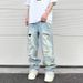 Men's Clothing High Street Hip Hop Vibe Washed Blue Ripped Cat Whisker Street Summer Straight Pants Loose Men's Jeans_viptrois.com