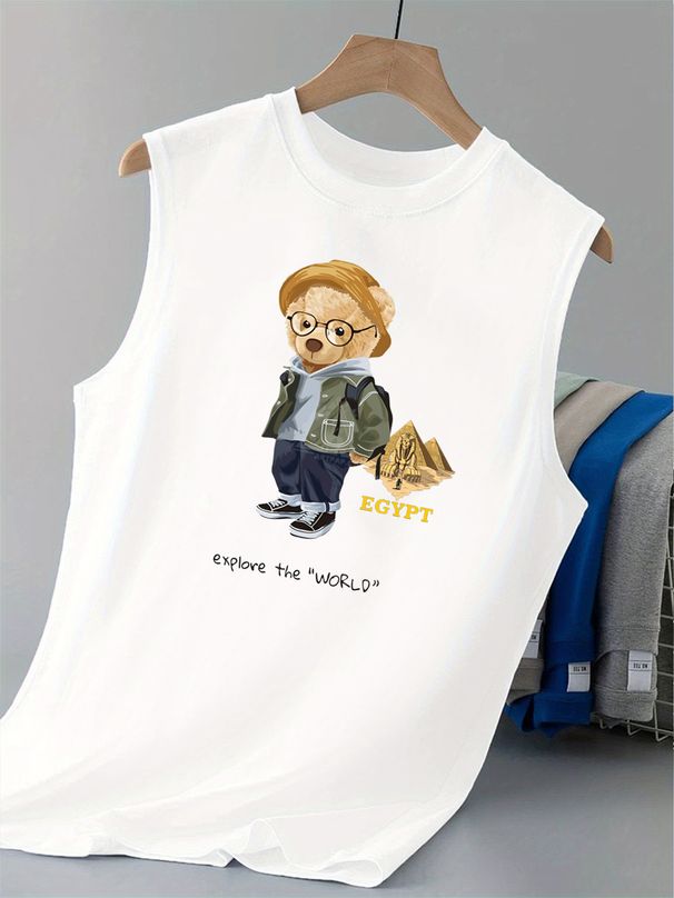 100% Pure Cotton Men's Summer Leisure Sports Fitness Loose Travel Bear Pattern Printed Breathable Round Neck Sleeveless Vest_viptrois.com