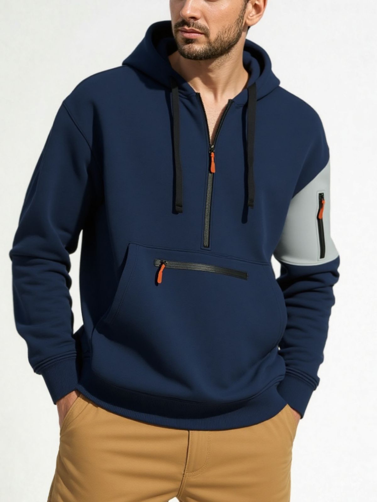 Hooded Sweatshirt For Men – Fleece-Lined Zip-Up With Multi-Pocket Design (S-XXXL, Polyester-Acetate Blend, Brushed Interior)_viptrois.com