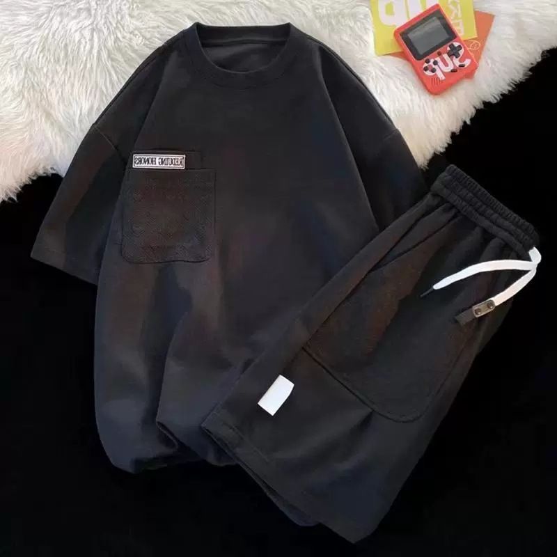 Men's Clothing Love Waffle Suit Men's Summer Loose Hong Kong Style Design Student Shorts Couple Casual Sportswear Two-piece Suit_viptrois.com