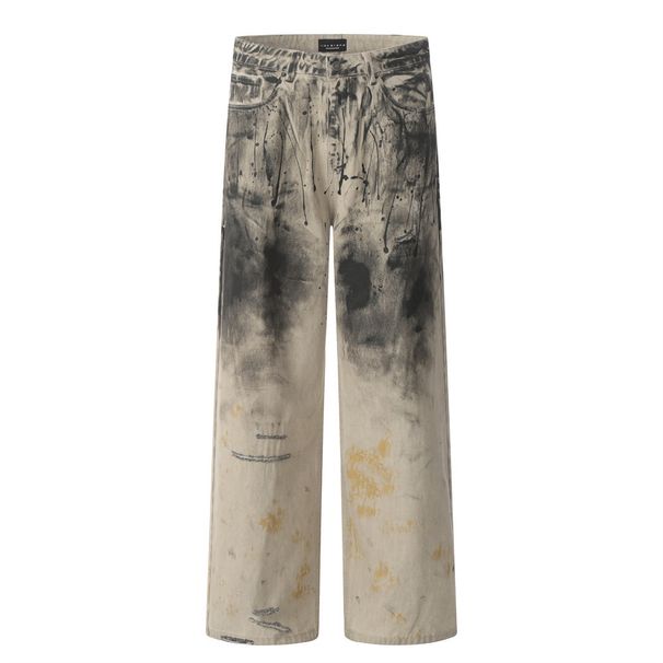 Wasteland Style Ink Splash Dirty Jeans Punk Street Fashion Distressed Washed Ripped Loose Straight Long Pants For Men_viptrois.com