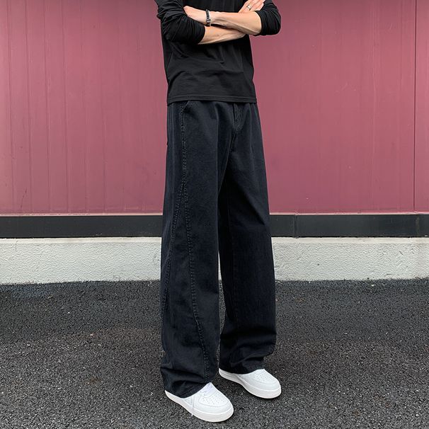 Casual Slanted Cut Jeans For Men, Autumn Trendy High Street Loose Straight Wide-leg Cleanfit Casual Pants_viptrois.com