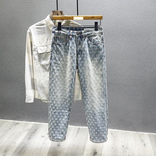 Men's Clothing autumn new jacquard full print high street fashion brand design jeans loose straight washed wide leg trousers_viptrois.com