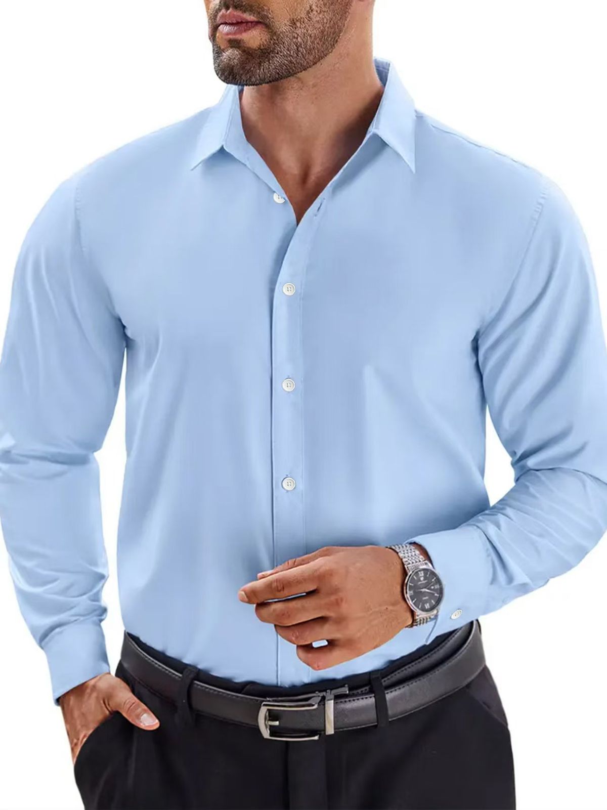 Men's Long Sleeve Business Shirt – Premium Cotton Blend Dress Shirt For Office & Formal Wear (Black/Navy/White) – Slim Fit Wrinkle_viptrois.com