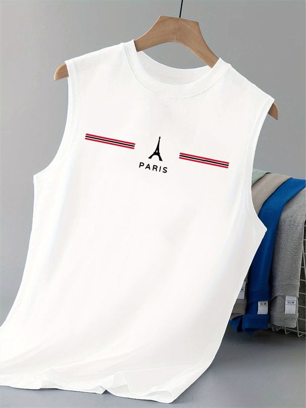 100% Pure Cotton Men's Summer Casual Sports Fitness Loose Paris Letter Pattern Printed Breathable Round Neck Sleeveless Vest_viptrois.com