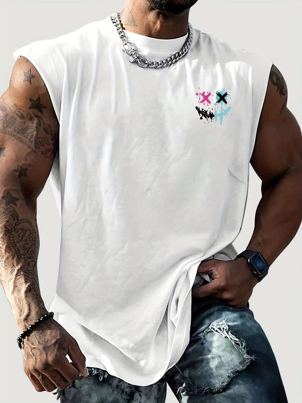 100% Pure Cotton Men's Summer Casual Sports Fitness Loose Smiling Face Pattern Printed Breathable Round Neck Sleeveless Vest_viptrois.com