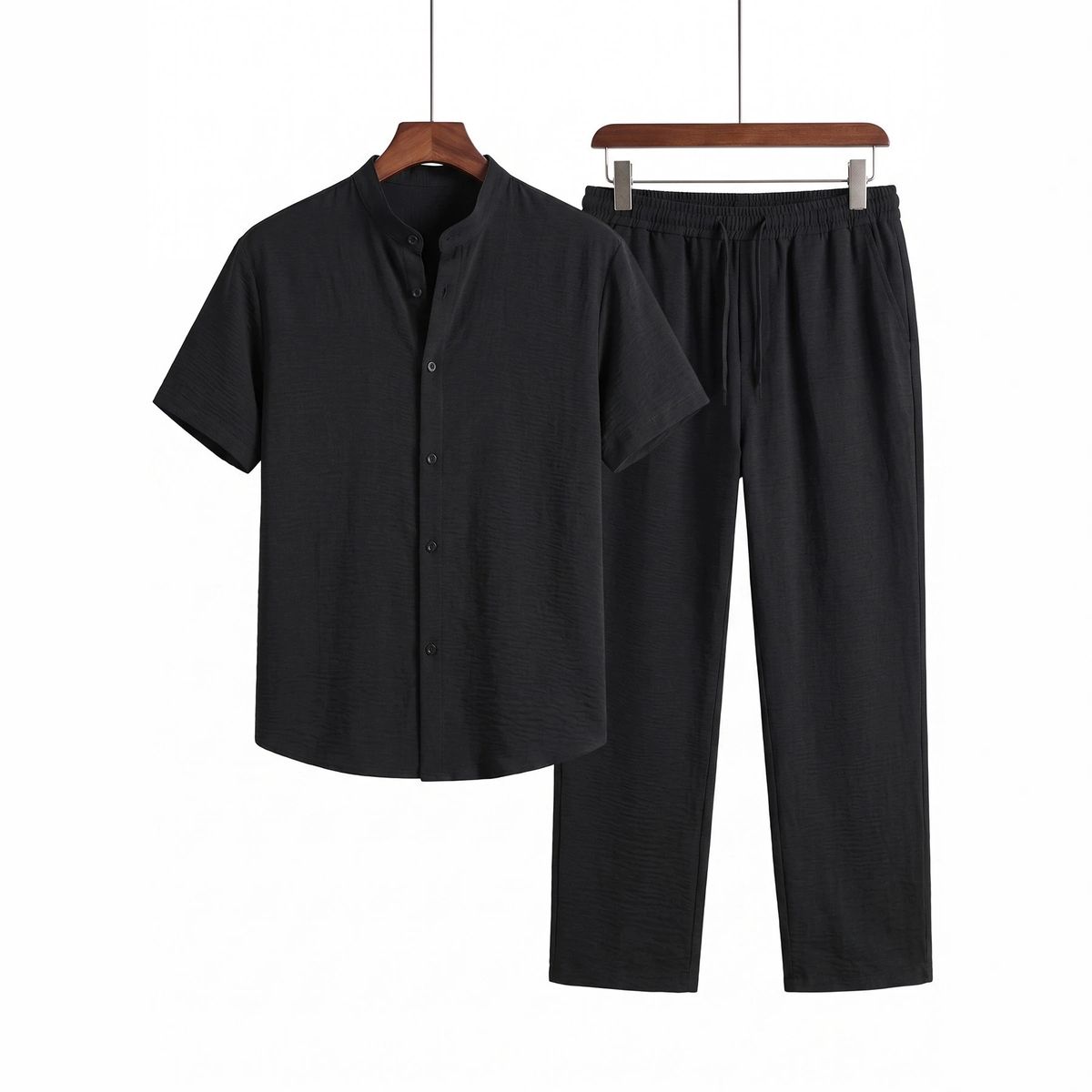 Men's Chinese Style Two Piece Suit Stand up Collar Short Sleeved Black Breathable Thin Casual Elastic Waist Trousers for Commuting_viptrois.com