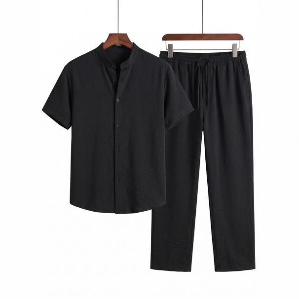 Men's Chinese Style Two Piece Suit Stand up Collar Short Sleeved Black Breathable Thin Casual Elastic Waist Trousers for Commuting_viptrois.com