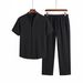 Men's Chinese Style Two Piece Suit Stand up Collar Short Sleeved Black Breathable Thin Casual Elastic Waist Trousers for Commuting_viptrois.com