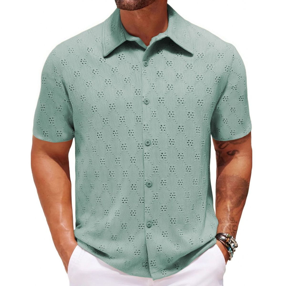 Men's Clothing Foreign Trade Men's Clothing European And American Sexy Hollow Jacquard Shirt Summer Casual Short Sleeve Lapel Shirt A0401_viptrois.com