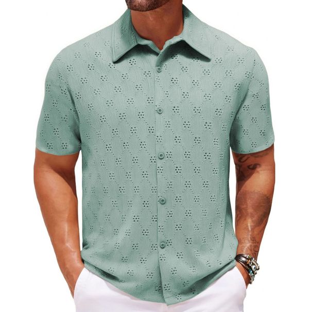 Men's Clothing Foreign Trade Men's Clothing European And American Sexy Hollow Jacquard Shirt Summer Casual Short Sleeve Lapel Shirt A0401_viptrois.com