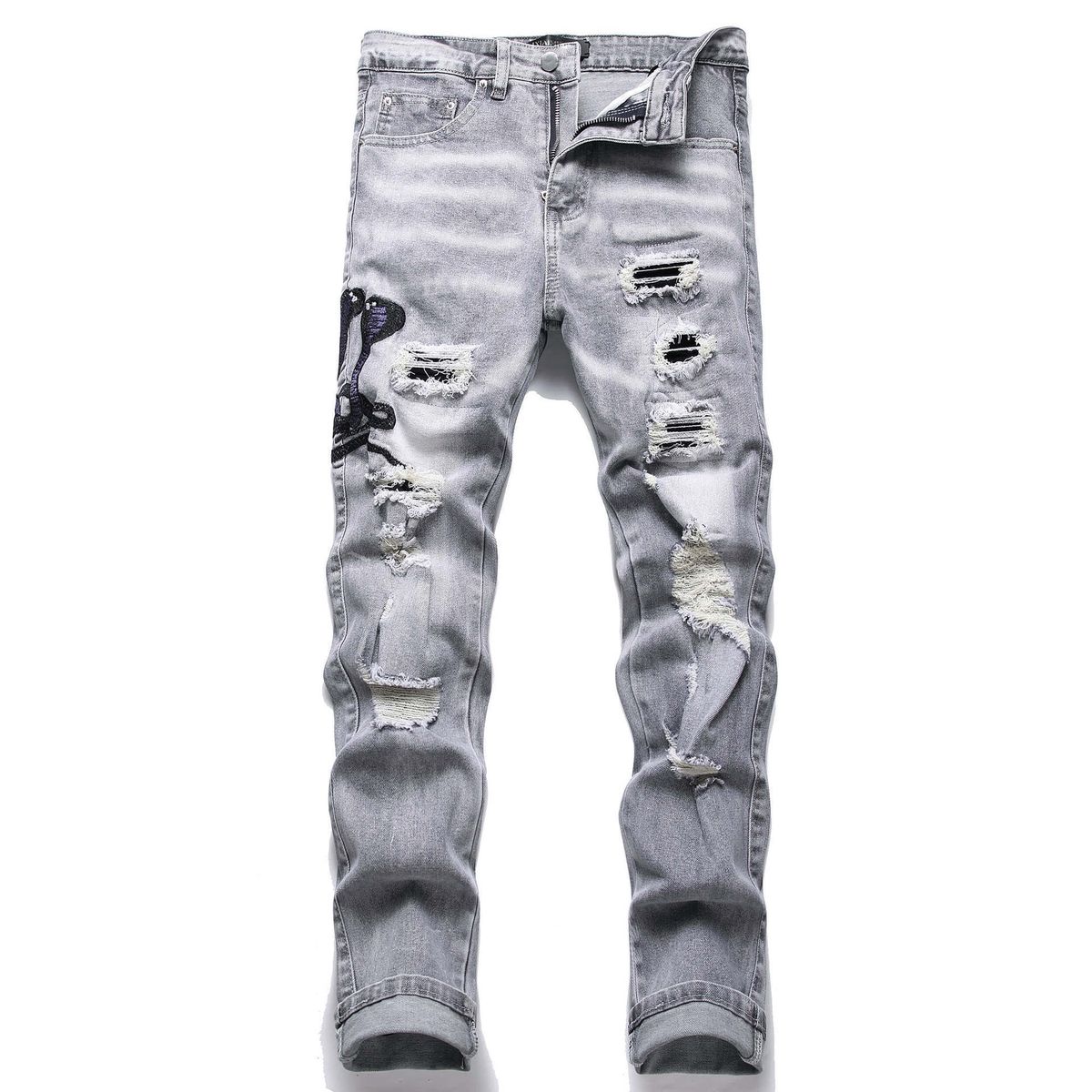 Men's Light Blue Ripped Embroidered Skinny Jeans Trendy Low Waist Slim Fit Trousers With Slight Stretch For High Street Style_viptrois.com