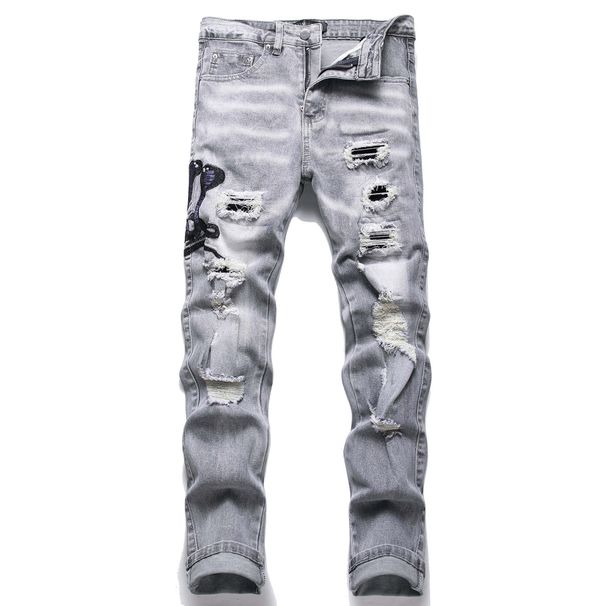 Men's Light Blue Ripped Embroidered Skinny Jeans Trendy Low Waist Slim Fit Trousers With Slight Stretch For High Street Style_viptrois.com