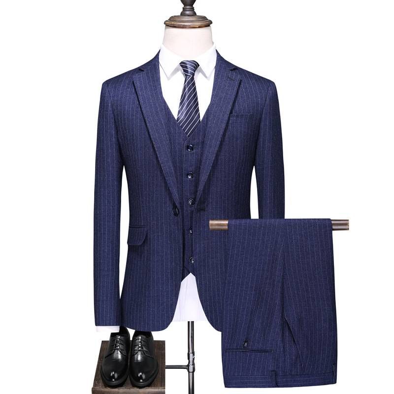 Men's Casual European And American Business Gentleman Striped Suit, Groom, Best Man, Host, Banquet Three-piece Suit + Waistcoat + Long Pants_viptrois.com