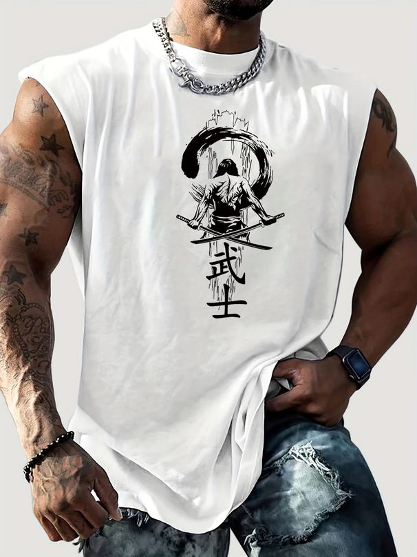 100% Pure Cotton Men's Summer Casual Sports Fitness Loose Japanese Samurai Pattern Printed Breathable Round Neck Sleeveless Vest_viptrois.com