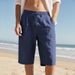 2026 European And Asian Linen Drawstring Straight-leg Solid-color Casual Beach Outdoor Leisure Sports Men's Seven-inch Short Pants_viptrois.com