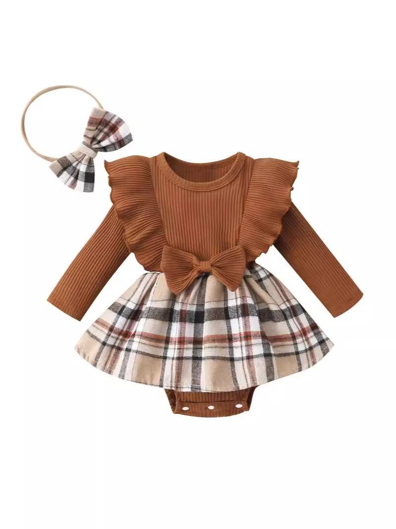 Baby clothing cartoon bear print long sleeve triangle dress + plaid skirt + headband_viptrois.com