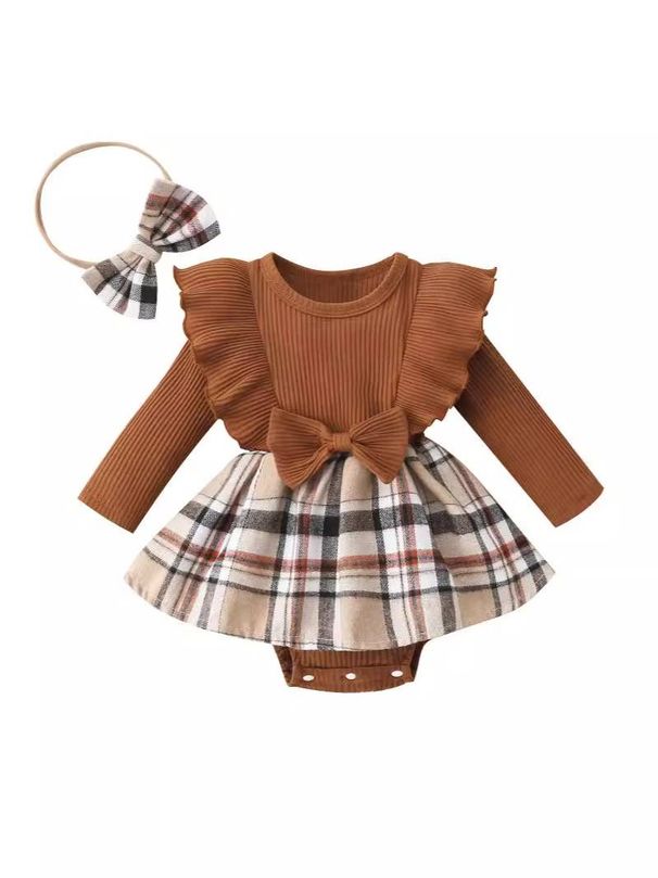 Baby clothing cartoon bear print long sleeve triangle dress + plaid skirt + headband_viptrois.com