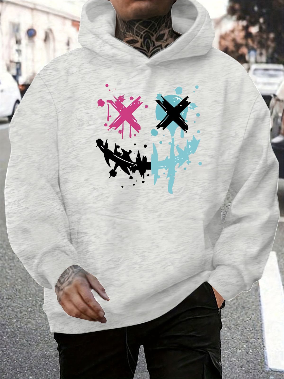 Men's Autumn And Winter Casual Fashionable Loose Hooded Sweatshirt With Smiling Face Pattern Printed Warm Long Sleeved Pullover_viptrois.com