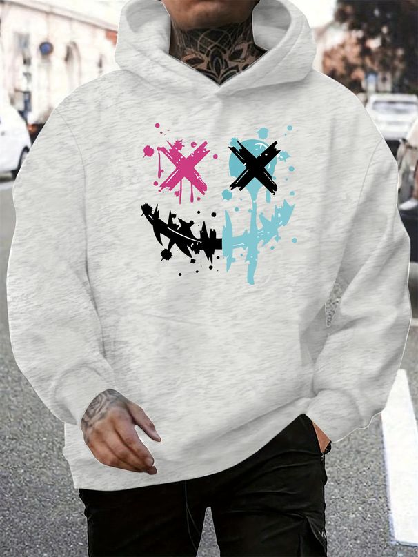Men's Autumn And Winter Casual Fashionable Loose Hooded Sweatshirt With Smiling Face Pattern Printed Warm Long Sleeved Pullover_viptrois.com