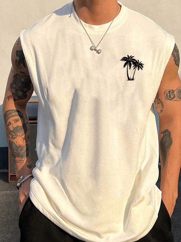 100% Pure Cotton Men's Summer Casual Sports Fitness Loose KING Crown Pattern Printed Breathable Round Neck Sleeveless Vest_viptrois.com