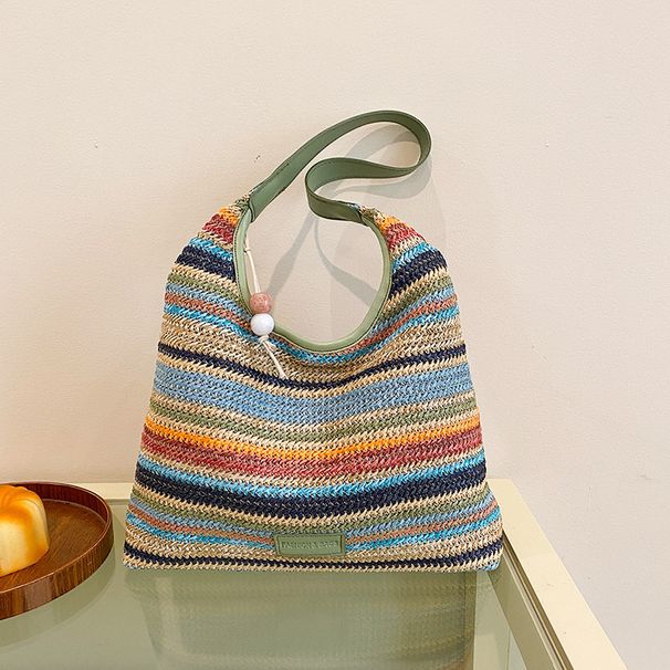 Women's Tote Bags Simple Straw Woven Handbag, Striped Color-blocking Fashionable Large-capacity Single-shoulder Hand-held Tote Bag_viptrois.com