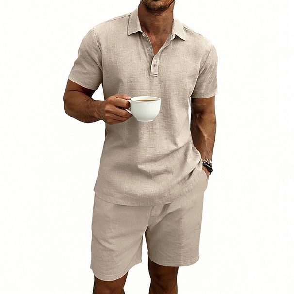 Men's American Style Casual Vacation Commuter Polo Shirt And Shorts Set Summer Linen Plus Size Simple Beachwear With Short Sleeves_viptrois.com