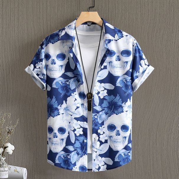 Men's Clothing Punk Retro Style Men's Light Blue Skull Digital Print Short Sleeve Shirt Men's Shirt 2023 Summer Hot_viptrois.com