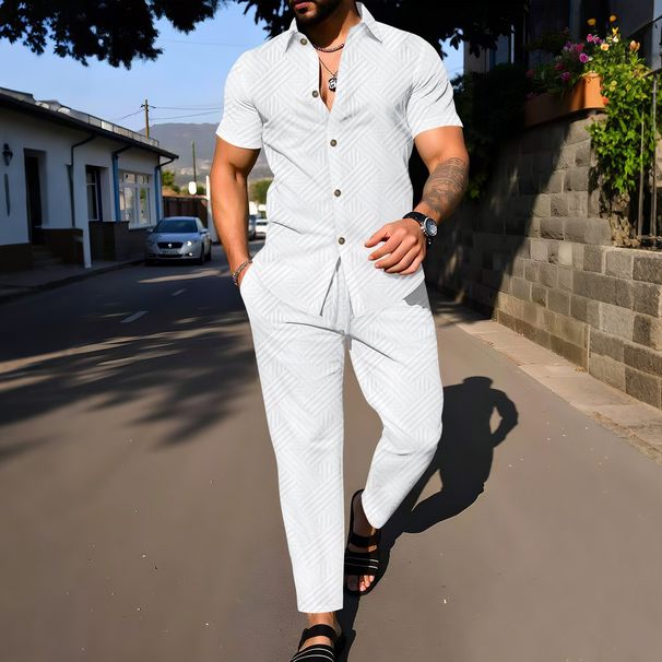 Summer Street Solid-color Jacquard 2-piece Set For Men With Lapel Buttons, Fashionable Short-sleeved Cardigan + Trousers Casual_viptrois.com