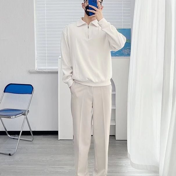 Men's Clothing Autumn New Style Half Zip Sweatshirt Men's American Retro Loose Casual Design Niche Top Solid Color Pullover_viptrois.com