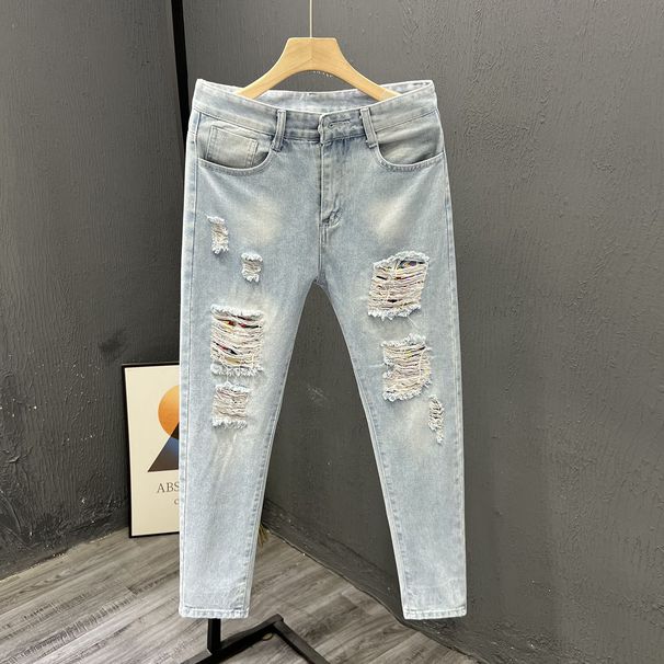 Summer Skinny Jeans For Men, Distressed Ripped Cropped Men's Pants, 2024 New Style, Rolled Hem Slim Fit Casual Pants_viptrois.com