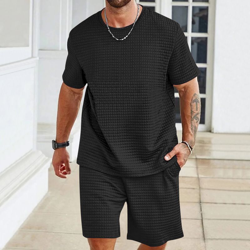 Men's Clothing New Men's Sports Casual Suit Solid Color Round Neck T Shirt Shorts 2 Piece Set Fashionable Men's Summer Suit_viptrois.com