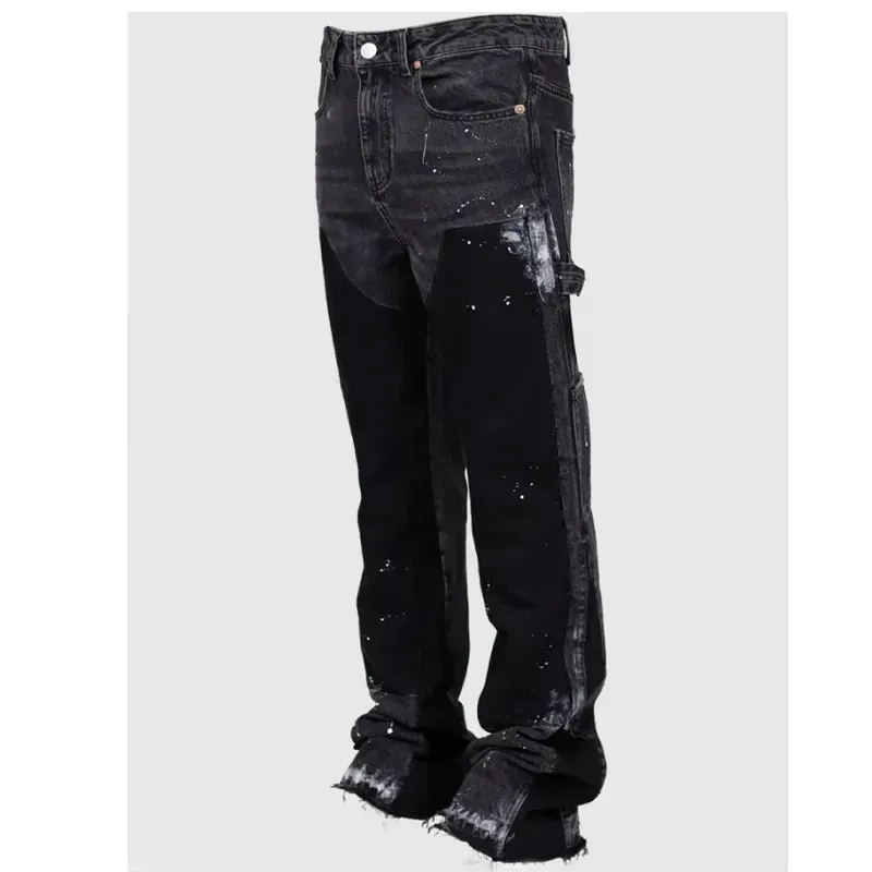 Designer Men's Jeans Men Long Stacked Flare Pants Fashion Stretch Trouser Patch Denim Pant_viptrois.com