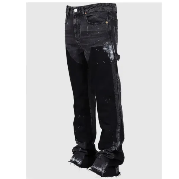 Designer Men's Jeans Men Long Stacked Flare Pants Fashion Stretch Trouser Patch Denim Pant_viptrois.com