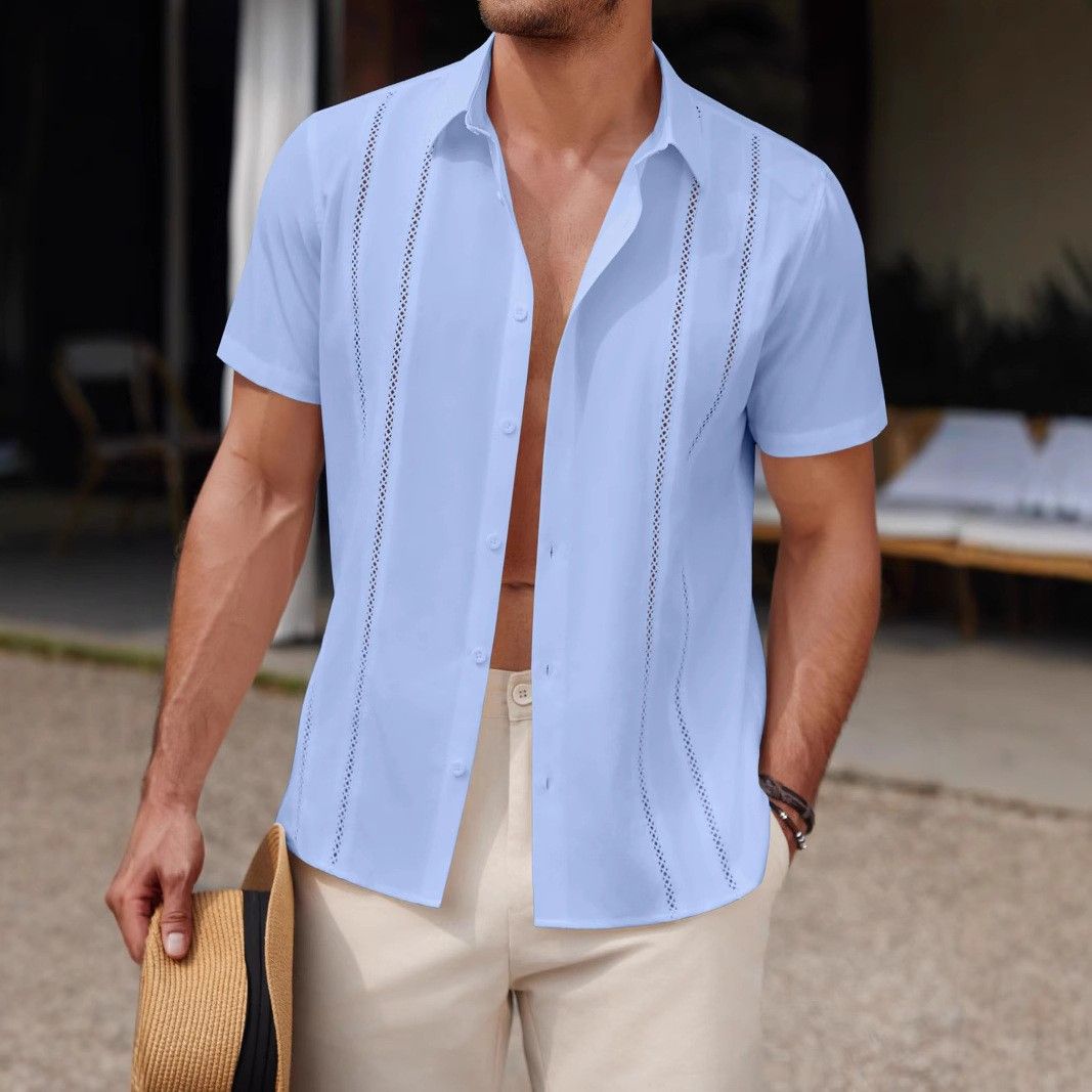 Men's Clothing Summer Beach Shirt Lace Casual Short Sleeve High End Non Iron Knitted Shirt_viptrois.com