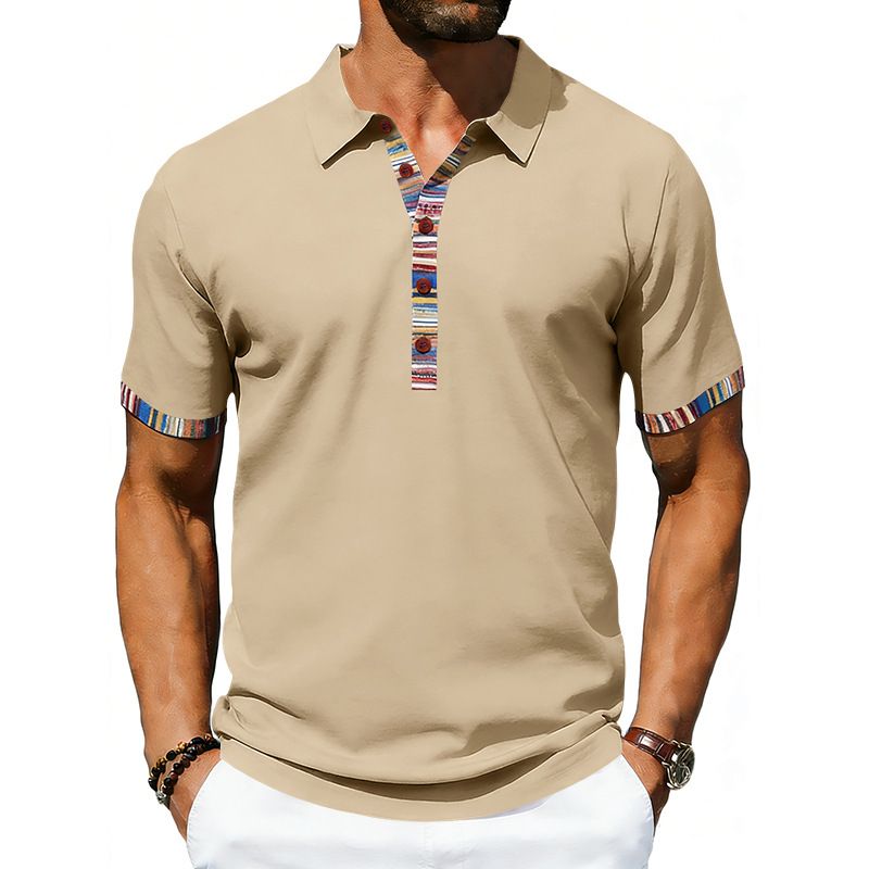 Men's Navajo Color Block Polo Shirt – Breathable Cotton Blend, Trendy Collared Short Sleeve Casual Top_viptrois.com