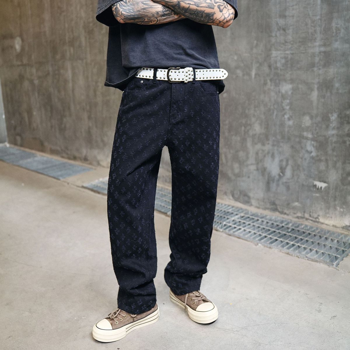 Men's Clothing New American Retro Full Print Jacquard Jeans Men's Loose Straight Washed Wide Leg Casual Trousers Men_viptrois.com
