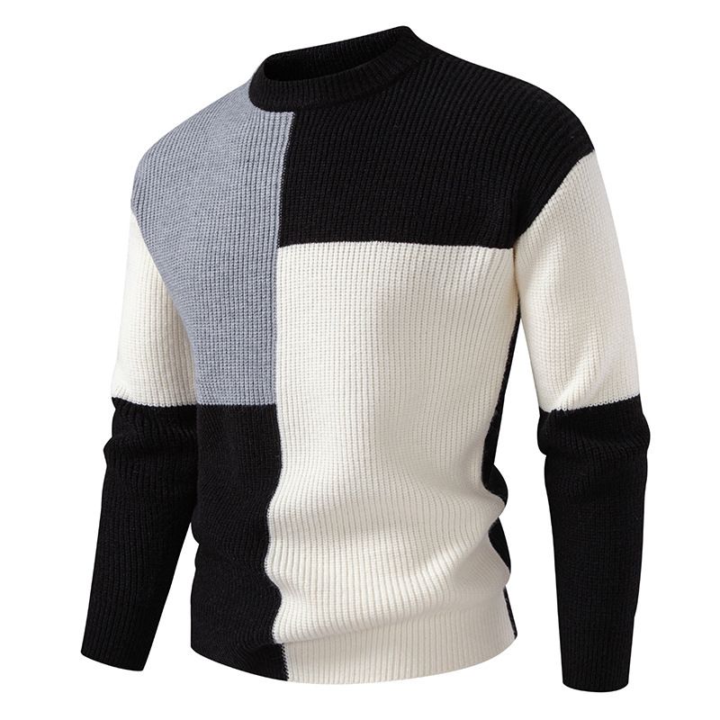 Men's Fashion Knit Sweater With Color Block Design, Round Neck, Long Sleeve, Loose Fit, Thick Warm Pullover For Casual Wear_viptrois.com
