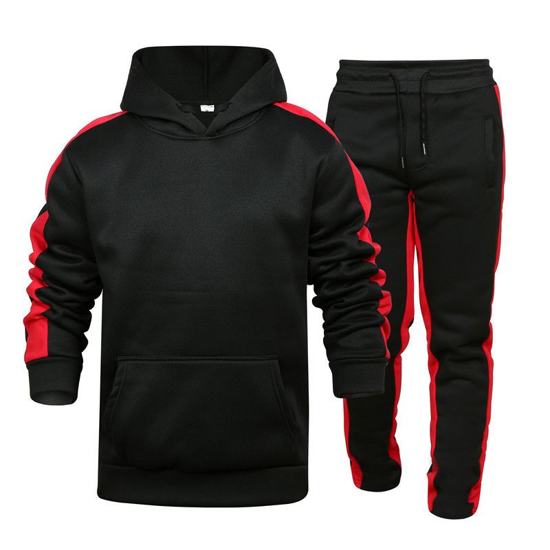 New autumn and winter casual multi-panel plush shoulder down hooded sweater fashionable sports set, men's_viptrois.com