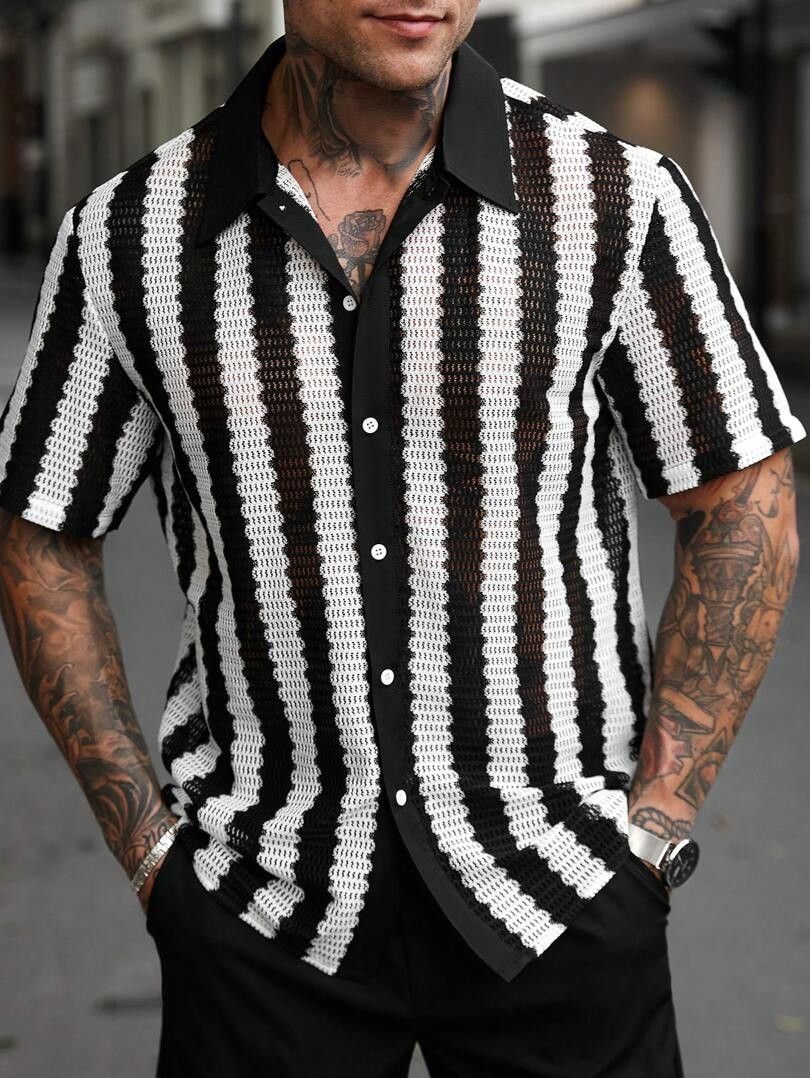 Men's Clothing Black And White Striped Hollow Short Sleeve Shirt Daily Casual Tops_viptrois.com