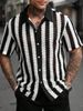 Men's Clothing Black And White Striped Hollow Short Sleeve Shirt Daily Casual Tops_viptrois.com