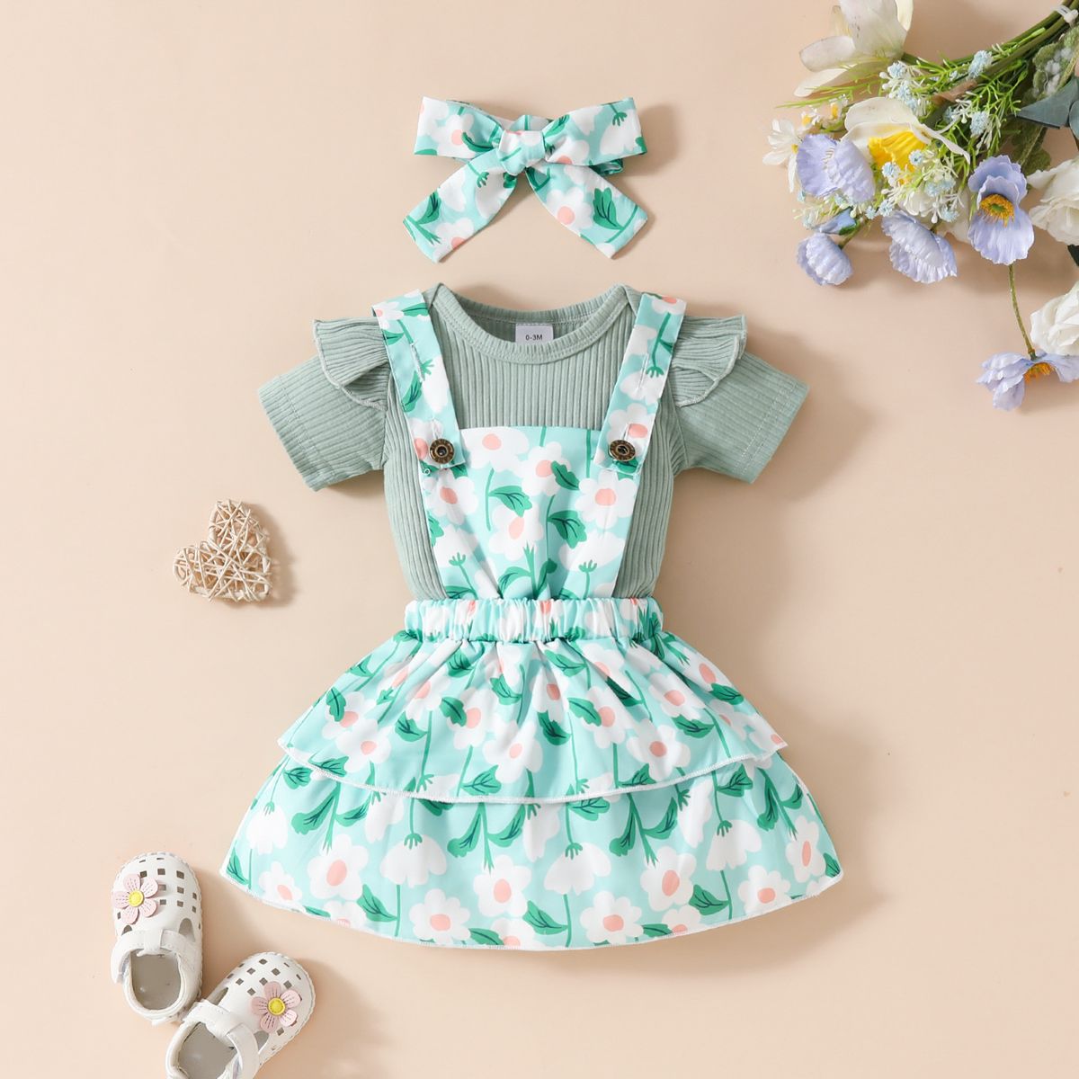 Mother&Kids Baby girl summer short-sleeved top with suspenders skirt casual girl flower fruit casual skirt set_viptrois.com