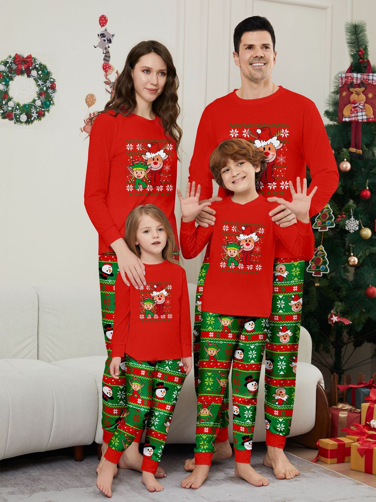 Christmas deer Snowman striped Christmas family dress printed home wear pajamas_viptrois.com
