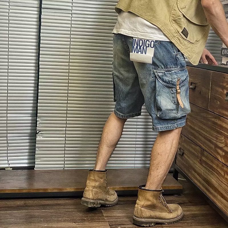 Men's Clothing Washed Denim Shorts Men's Summer Thin Loose Straight Workwear Mid Length Pants Trendy Casual Five Six Point Pants_viptrois.com
