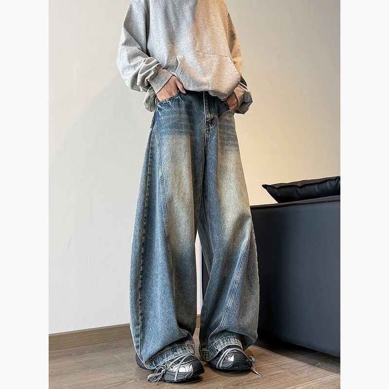 American-style Wide-leg Curved Jeans Men, Spring And Autumn Trendy Brand Long Pants, Straight-leg, Large Size, Loose_viptrois.com