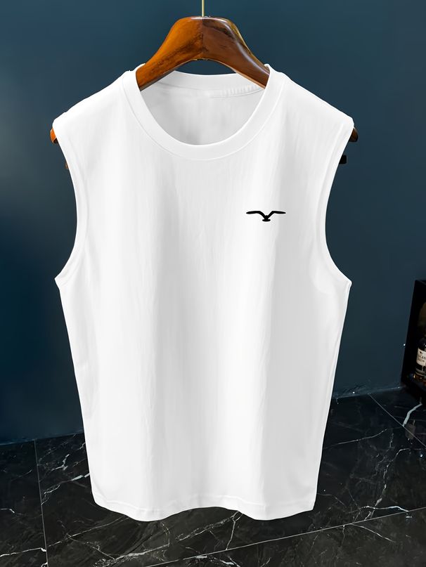 100% Pure Cotton Men's Summer Casual Sports Fitness Loose Bird Pattern Printed Breathable Round Neck Sleeveless Vest_viptrois.com