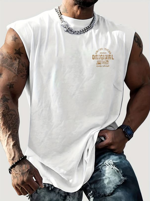 100% Pure Cotton Men's Summer Casual Sports Fitness Loose Retro Letter Pattern Printed Breathable Round Neck Sleeveless Vest_viptrois.com