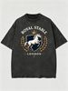 Vintage Washed T-Shirt, Men's Retro White Horse & Crown Graphic, Luxury Preppy Style, Casual Loose Street Tee_viptrois.com